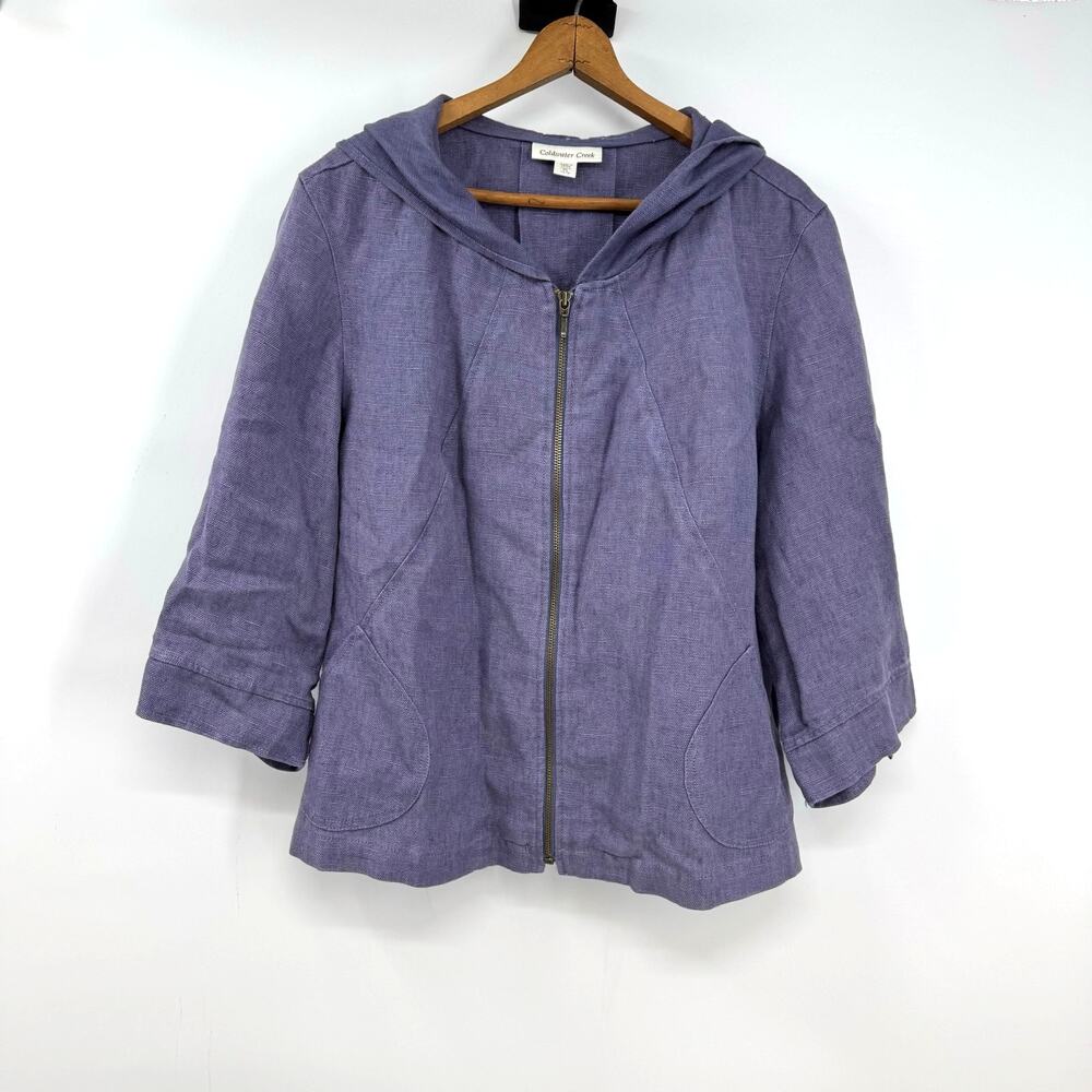 Coldwater Creek 100% Linen Hooded Jacket L Petite Purple Boxy Coastal Lagenlook
